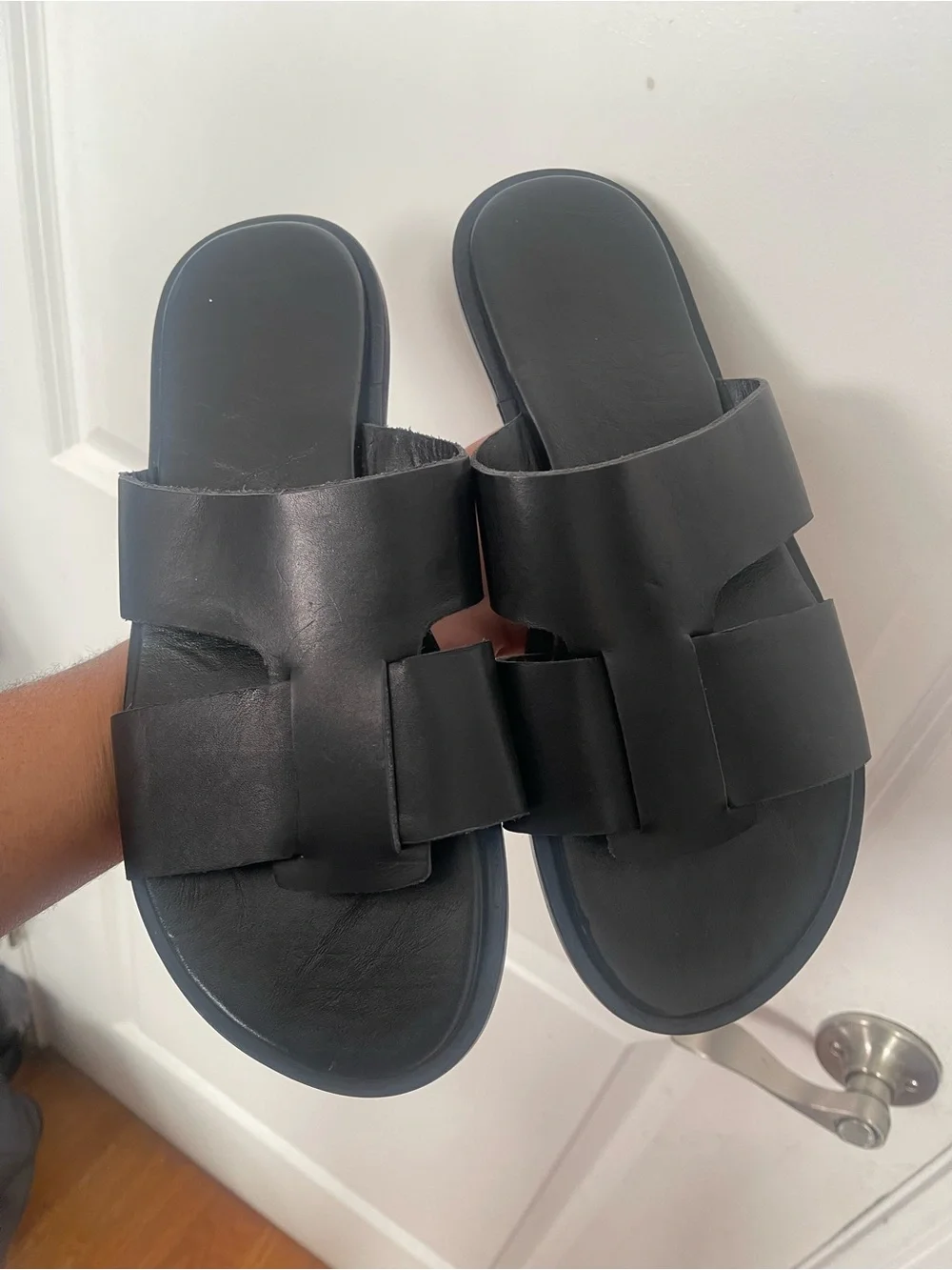 Brand New Men’s Black Leather Slide Sandals Sz 11